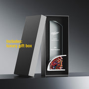 Happy Retirement award for Susan Thompson, 2024, showcased in a luxury gift box. Features a vintage pattern base in a sleek, clear acrylic design, elegantly presented in a black box with a contrasting gray lid.