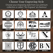 a collection of various engraved designs and logos, including letters, symbols, and other decorative elements. The text suggests that these designs can be used for personalization or as part of a collection, and that customers can choose their preferred style from the available options.