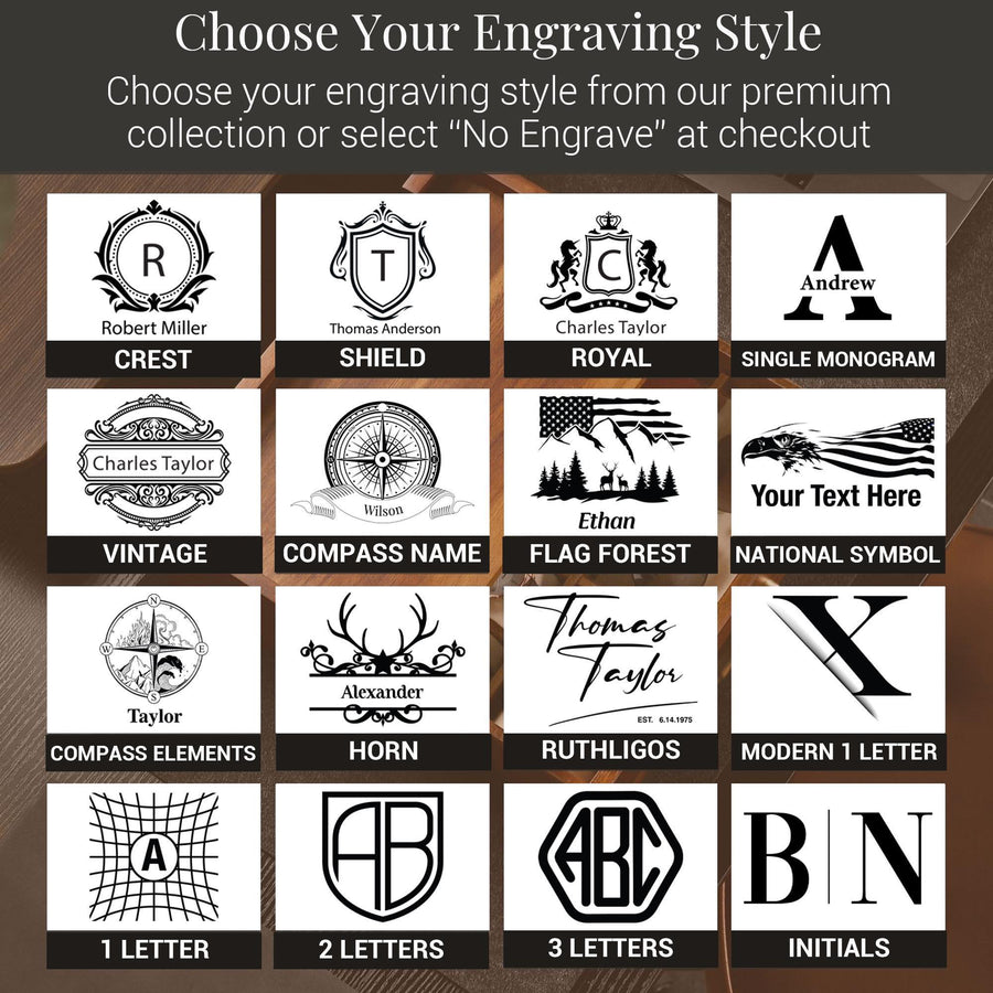 a collection of various engraved designs and logos, including letters, symbols, and other decorative elements. The text suggests that these designs can be used for personalization or as part of a collection, and that customers can choose their preferred style from the available options.