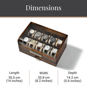 A wooden watch display case containing a collection of various watch models, with dimensions provided for each watch.