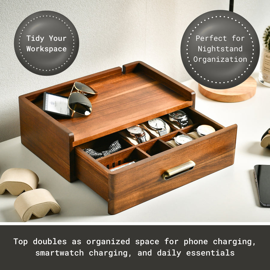 a wooden drawer organizer with multiple compartments, designed to hold and organize various items such as watches, sunglasses, and other accessories. The organizer has a sleek and modern design, with a wooden finish that adds a touch of elegance to the space. The image also includes text that highlights the organizer's features, such as its ability to double as an organized space for phone charging, smartwatch charging, and daily essentials.
