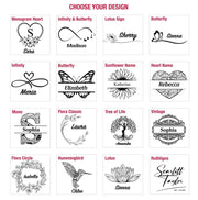 a collection of monogram designs, each featuring a unique name or symbol. The designs include the names 'Sara', 'Madison', 'Sophia', 'Lauren', 'Amanda', 'Sherry', 'Siena', 'Infinity & Butterfly', 'L Lotus Sign', 'Butterfly', 'Mono', 'Flora Classic', 'Sunflower Name', 'Heart Name', 'Mono', 'Flora', 'Flower', 'Hummingsbird', 'L Lotus', 'Ruthligos', and 'Scratch Taylor'.