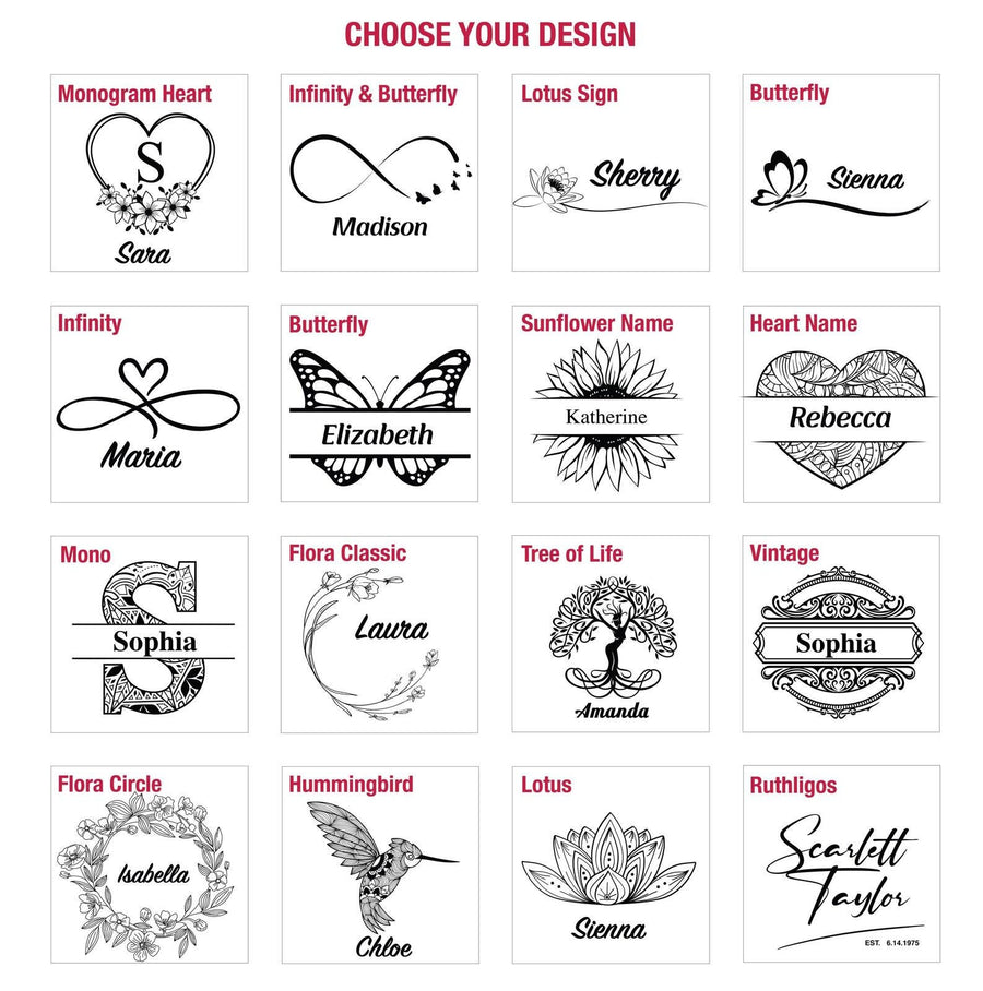 a collection of monogram designs, each featuring a unique name or symbol. The designs include the names 'Sara', 'Madison', 'Sophia', 'Lauren', 'Amanda', 'Sherry', 'Siena', 'Infinity & Butterfly', 'L Lotus Sign', 'Butterfly', 'Mono', 'Flora Classic', 'Sunflower Name', 'Heart Name', 'Mono', 'Flora', 'Flower', 'Hummingsbird', 'L Lotus', 'Ruthligos', and 'Scratch Taylor'.