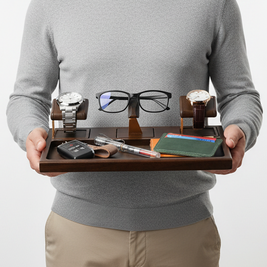 A person is holding a wooden tray with various items on it, including a pair of glasses, a wallet, a cell phone, and a car key.