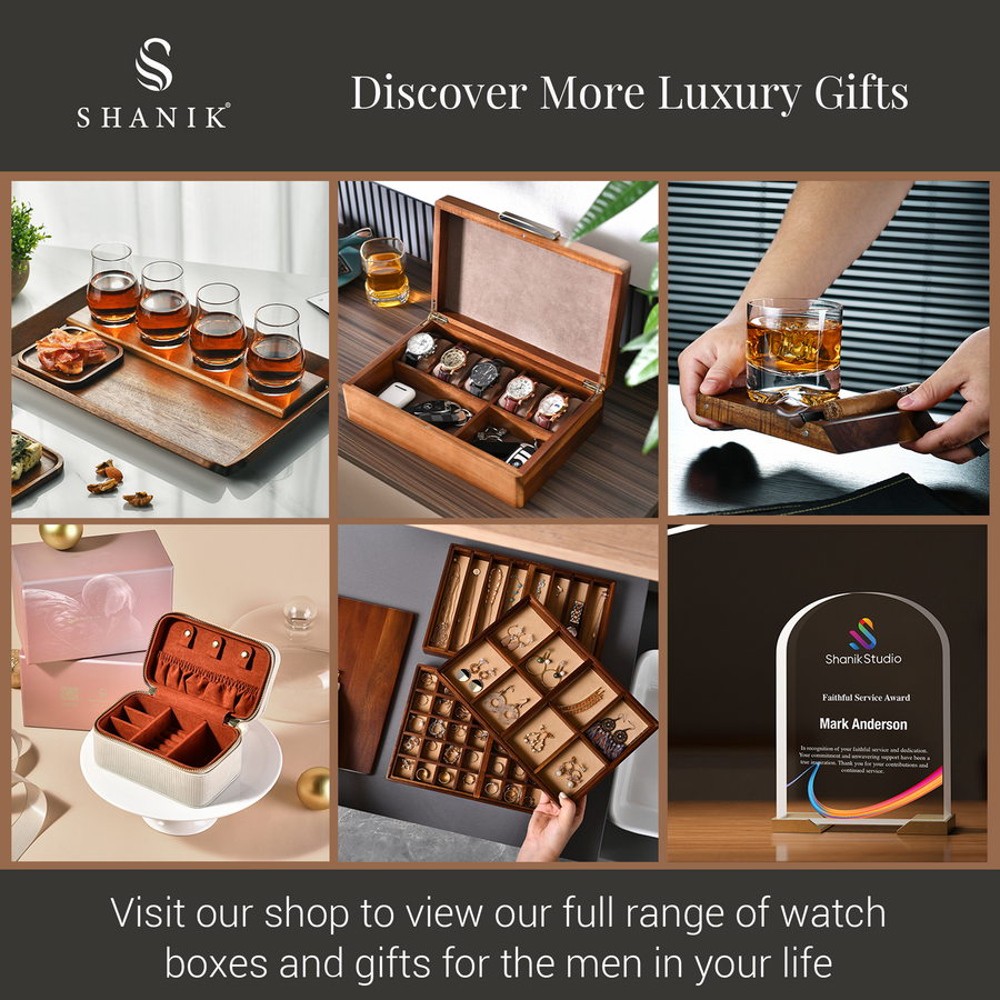 The image is a collage of six different images showcasing various luxury gifts and watch boxes, including a wooden box, a glass display case, and a person holding a glass of amber liquid.