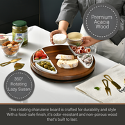 a person holding a round wooden serving board with various food items on it, including cheese, crackers, and olives. The board is described as a "Premium Acacia Wood" rotating charcuterie board, which is crafted for durability and style with a food-safe finish. The board is made of non-porous wood that is built to last.