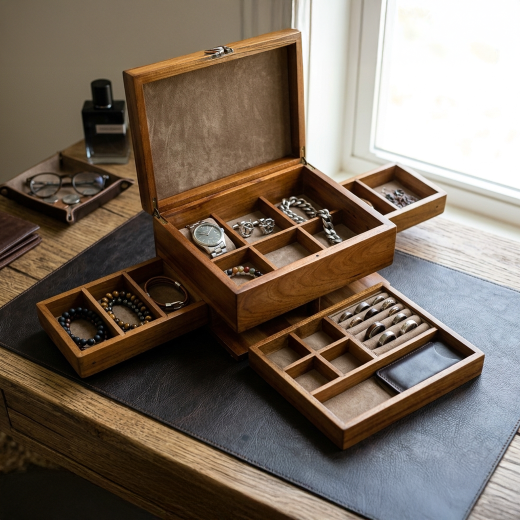 A wooden jewelry box with compartments for organizing and storing various pieces of jewelry, including watches and bracelets, sits on a wooden desk near a window.