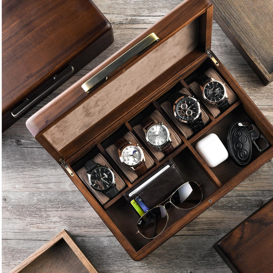 Personalized Watch Box For Men  5 Slots Large Engraved Wooden Storage with Divider and Velvet Pillows
