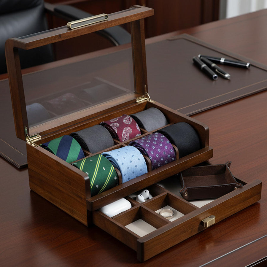 A wooden tie case with multiple compartments, displaying a variety of colorful ties neatly arranged inside.