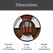 a set of three wooden serving platters with white ceramic serving dishes on them, arranged on a wooden surface.