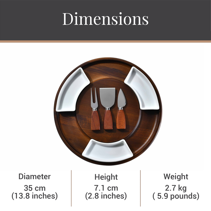 a set of three wooden serving platters with white ceramic serving dishes on them, arranged on a wooden surface.