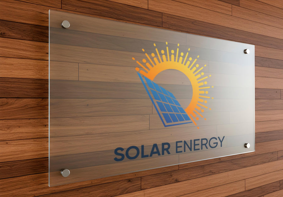 a glass sign with a logo for &quot;Solar Energy&quot;.