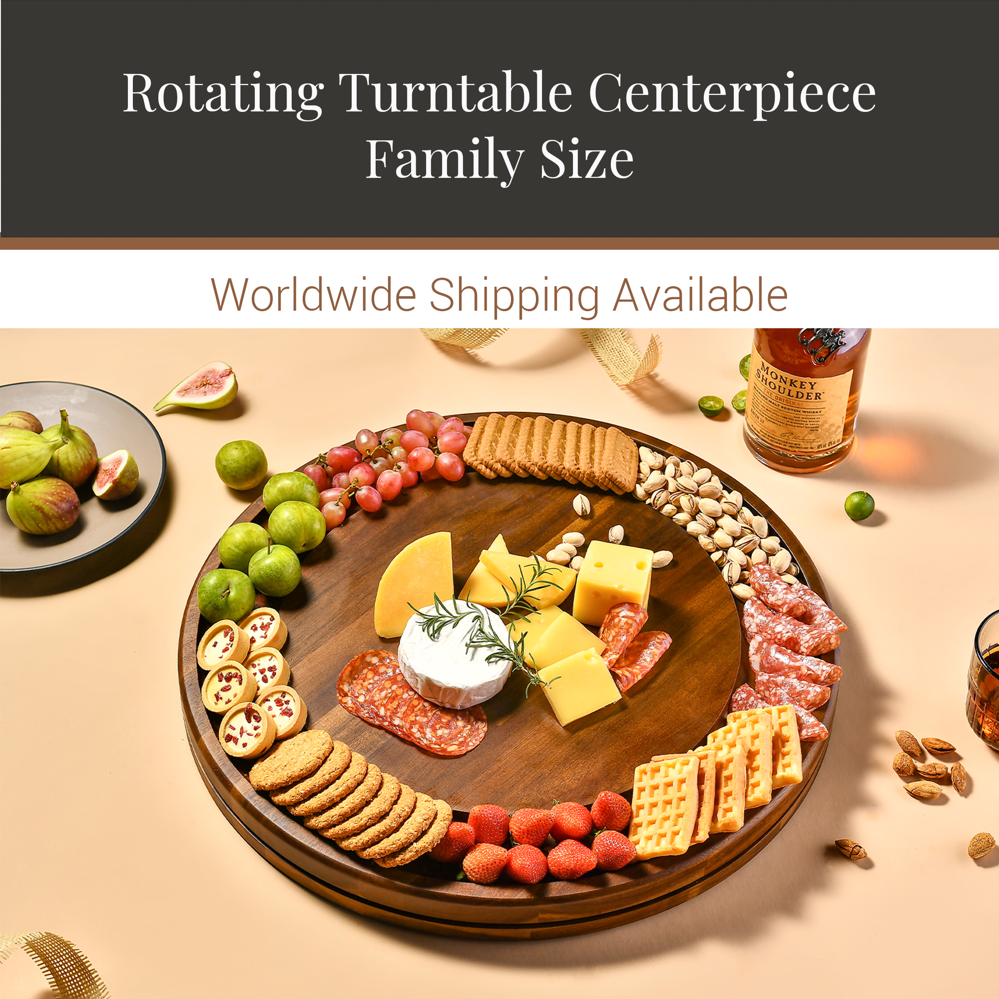 a rotating turntable centerpiece, a family-size serving of various foods, and a bottle of whiskey, all arranged on a wooden platter.