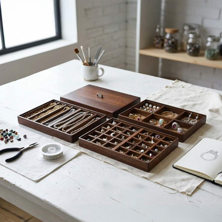 A wooden jewelry box with compartments containing various pieces of jewelry, such as rings and bracelets, placed on a white wooden table.