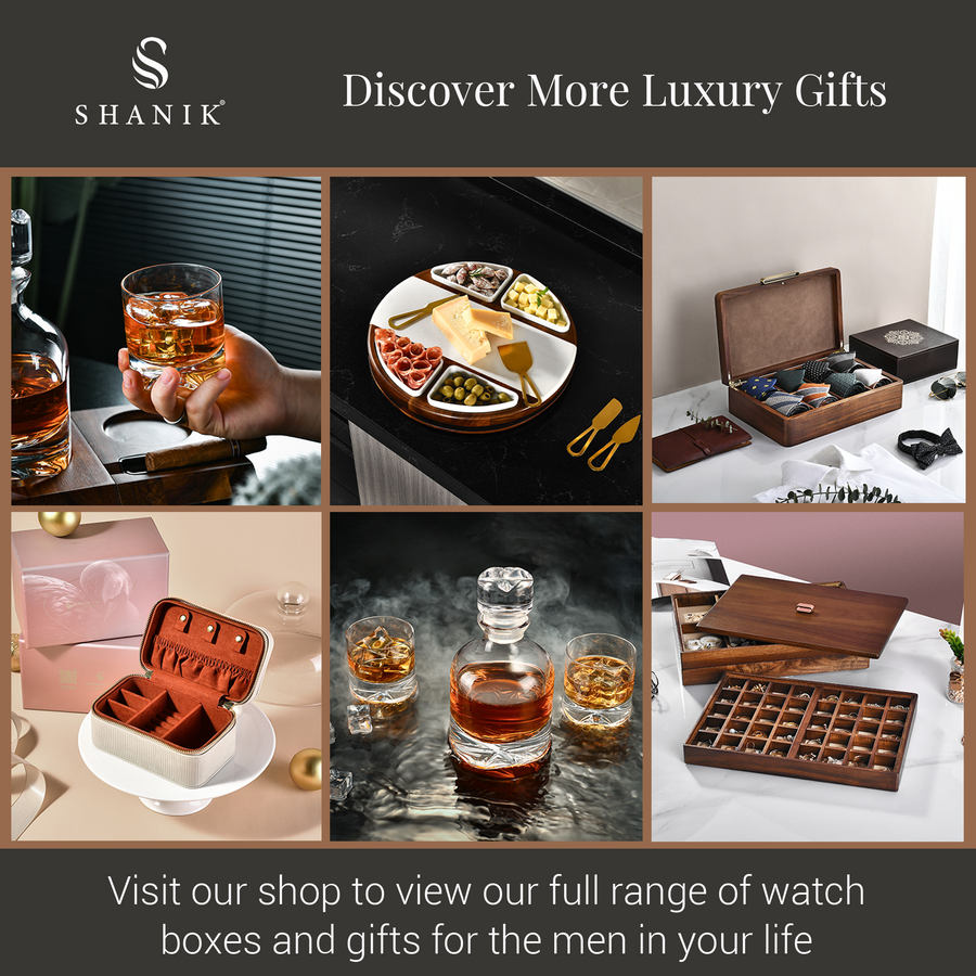 The image is a collage of six different images showcasing various luxury gifts and watch boxes for men.
