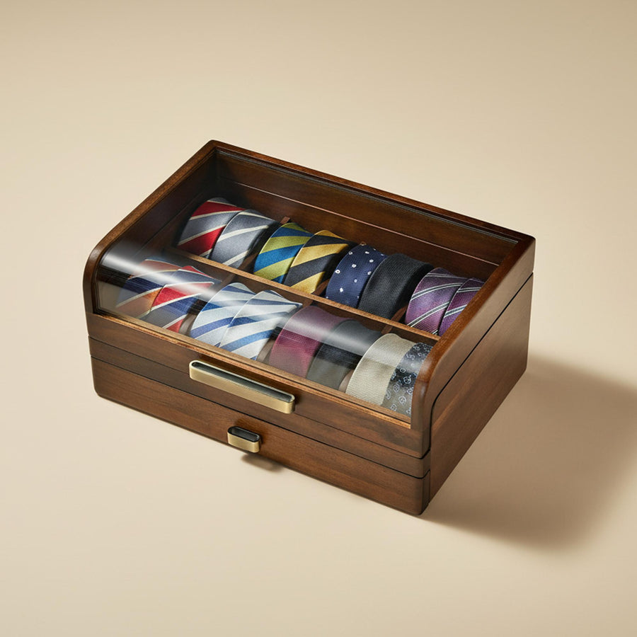 A wooden tie case with multiple compartments, displaying a variety of colorful ties.