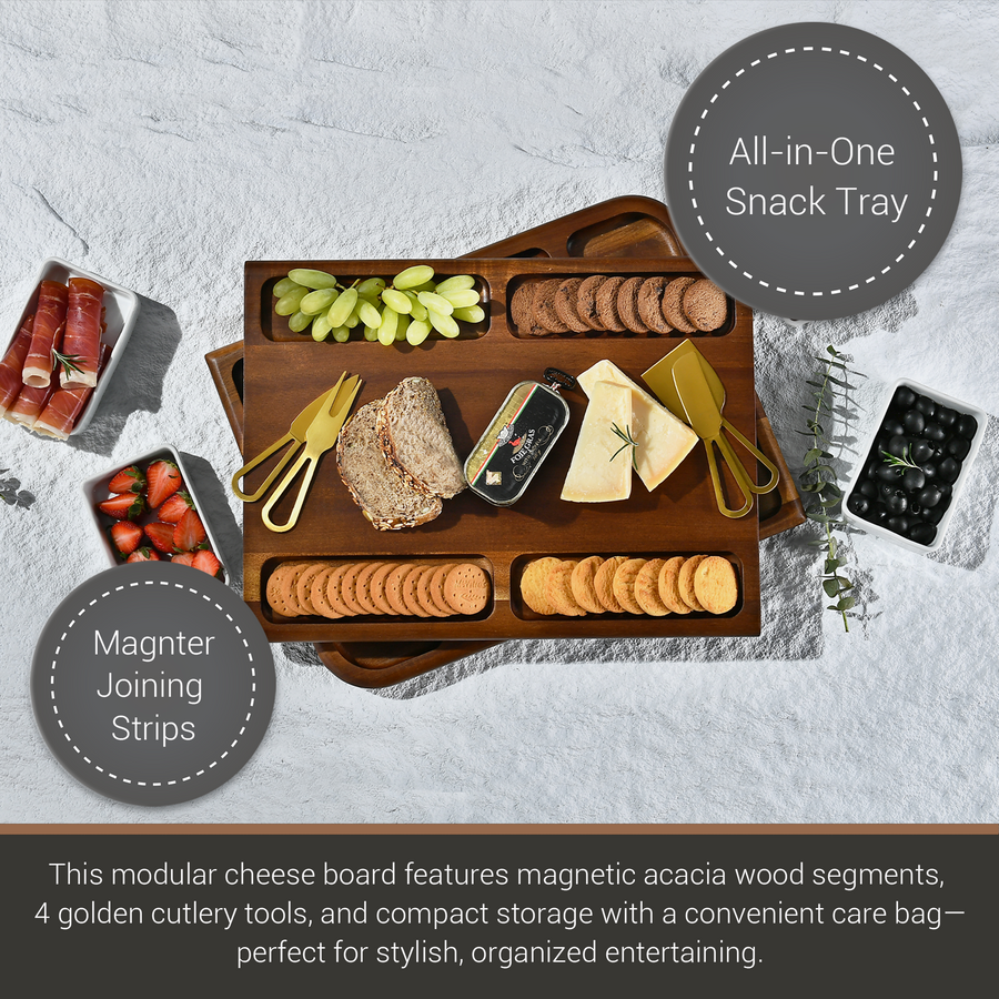 a wooden snack tray with various food items, including cheese, crackers, grapes, and other snacks, arranged on it. The tray has a sleek and modern design, with a combination of wood and metal elements. The image also includes text that describes the features of the snack tray, such as its all-in-one design, magnetic acacia wood segments, and four golden cutlery tools. The snack tray is described as a stylish and organized storage solution, perfect for entertaining guests.