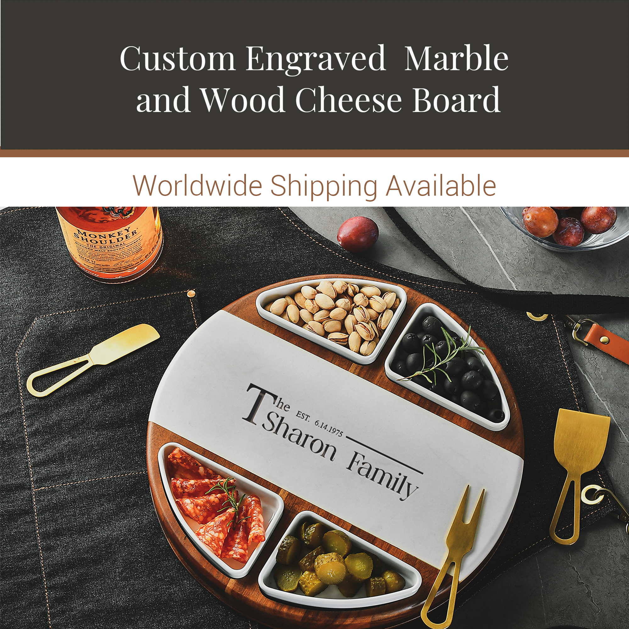 a wooden cheese board with various food items, including nuts, olives, and sliced meats, arranged in different compartments. The cheese board is accompanied by a bottle of wine and a knife, suggesting a dining setting. The image also includes text that reads "Custom Engraved Marble and Wood Cheese Board" and "Worldwide Shipping Available", indicating that the cheese board is available for purchase worldwide.