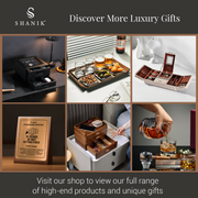 The image is a collage of six different images showcasing various luxury gifts and products, including a desk organizer, a glassware set, a gift box, a pair of glasses, a bottle, and a wooden box.