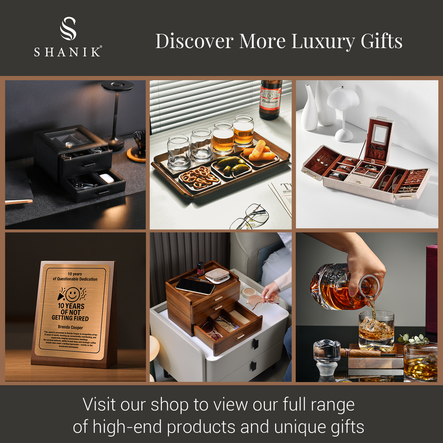The image is a collage of six different images showcasing various luxury gifts and products, including a desk organizer, a glassware set, a gift box, a pair of glasses, a bottle, and a wooden box.