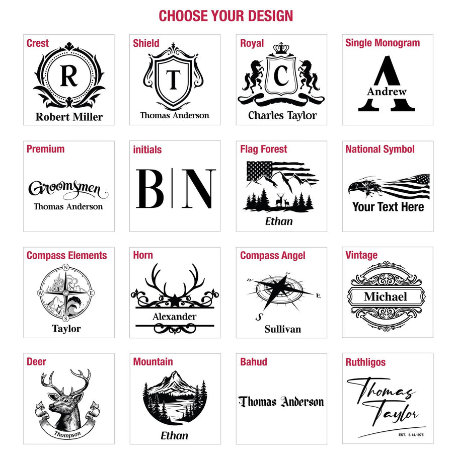 a collection of various monogram designs, each with its own unique style and theme. The designs include monograms like "Crest", "Shield", "Royal", "Single Monogram", "A", "Andrew", "Premium", " initials", "Flag Forest", "National Symbol", "Groomsmen", "Bin", "Ethan", "Compass Elements", "Compass Angel", "Vintage", "Michael", "Sullivan", "Mountain", "Bahud", and "Ruthligos". Each design has its own distinct features and characteristics, making them visually interesting and diverse.