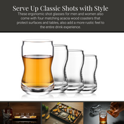 The image is a collage of four photos showcasing different shot glasses and drinkware. The first photo features a shot glass with a yellow liquid, the second photo displays a shot glass with a clear liquid, the third photo shows a shot glass with a brown liquid, and the fourth photo depicts a shot glass with a clear liquid.