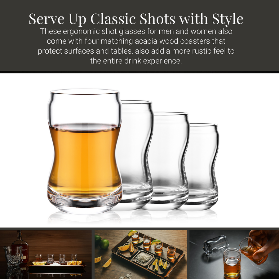 The image is a collage of four photos showcasing different shot glasses and drinkware. The first photo features a shot glass with a yellow liquid, the second photo displays a shot glass with a clear liquid, the third photo shows a shot glass with a brown liquid, and the fourth photo depicts a shot glass with a clear liquid.