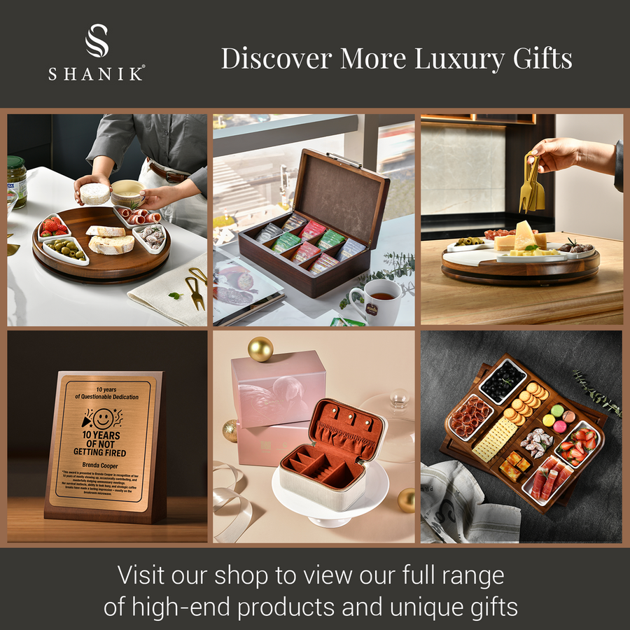 The image is a collage of six photos showcasing various luxury gifts and gourmet food items.