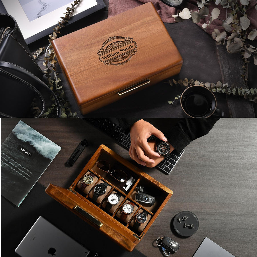 Personalized Watch Box For Men  5 Slots Large Engraved Wooden Storage with Divider and Velvet Pillows