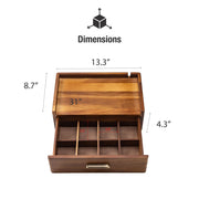 a wooden drawer with multiple compartments, providing dimensions and a scale for the drawer.