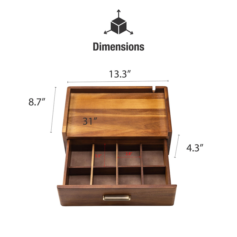 a wooden drawer with multiple compartments, providing dimensions and a scale for the drawer.