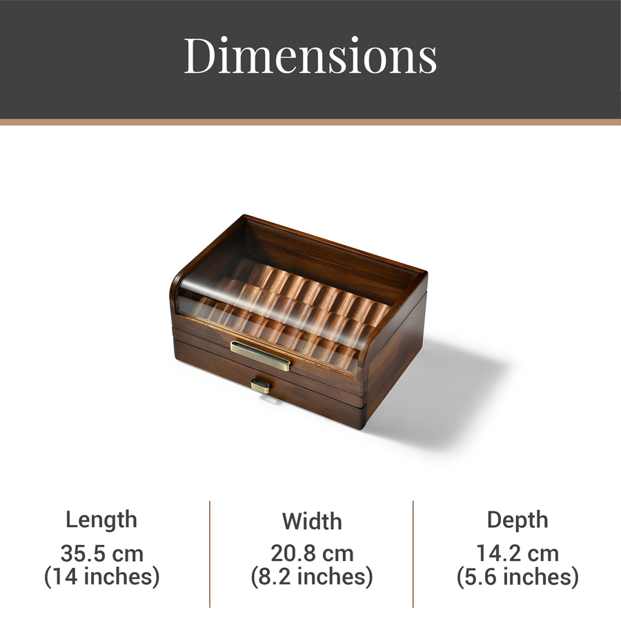 A wooden box with a glass front, likely used for storing or displaying items.