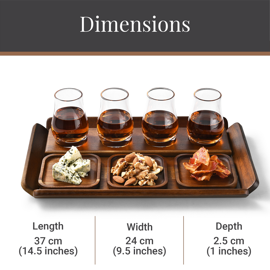 a tray with four glasses containing different types of drinks, accompanied by three small plates of food. The tray is placed on a white surface, and the image includes text providing dimensions for the tray, glasses, and plates.