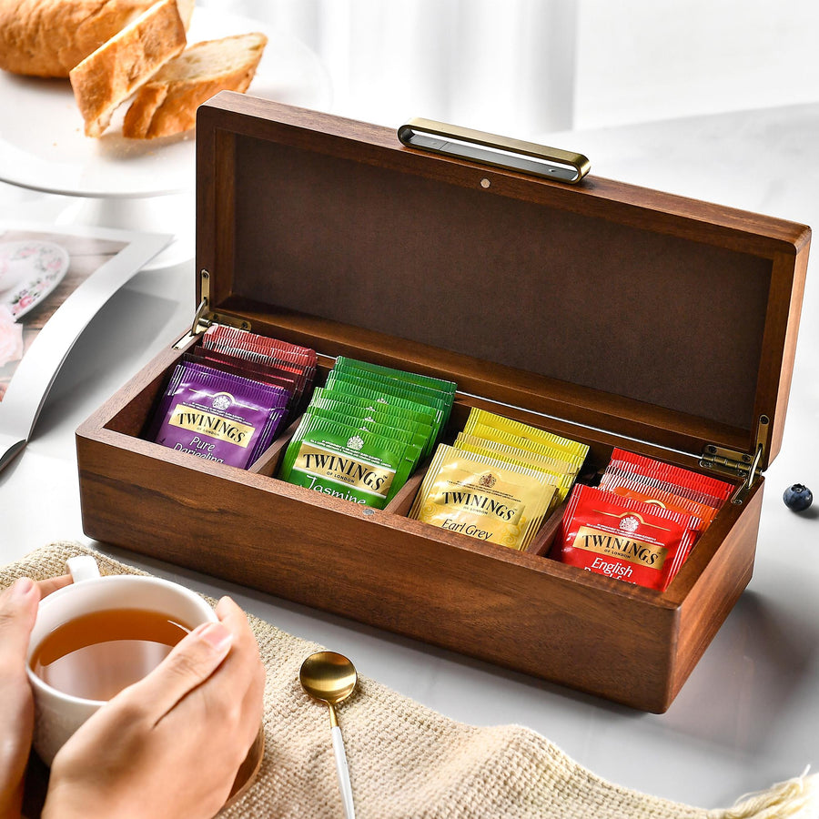 a wooden box filled with different types of coffee