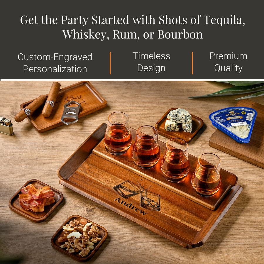 a wooden tray with a selection of drinks and snacks, including shots of tequila, whiskey, rum, and bourbon, as well as a custom-engraved wooden tray with a personalized design.