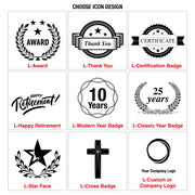 Icon design choices include: Award with laurel wreath, Thank You with banners, Certificate with stars, Happy Retirement script, 10 Years and 25 Years circular badges, a star in laurel, a cross symbol, and customizable company logo options.
