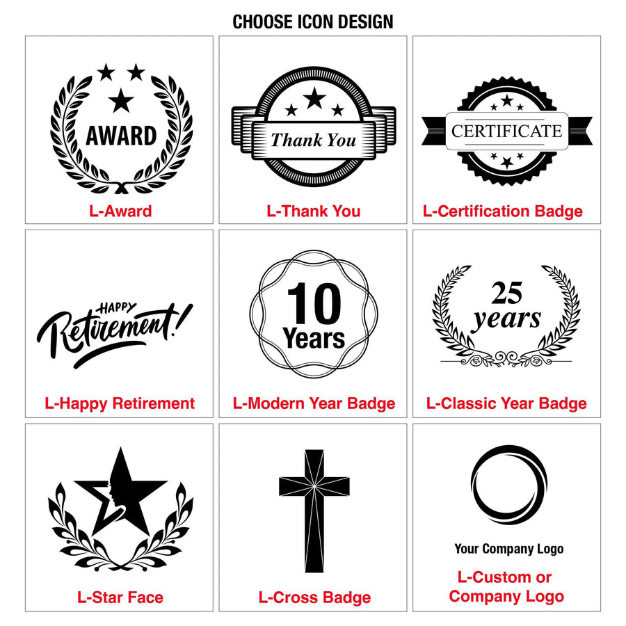 Icon design choices include: Award with laurel wreath, Thank You with banners, Certificate with stars, Happy Retirement script, 10 Years and 25 Years circular badges, a star in laurel, a cross symbol, and customizable company logo options.