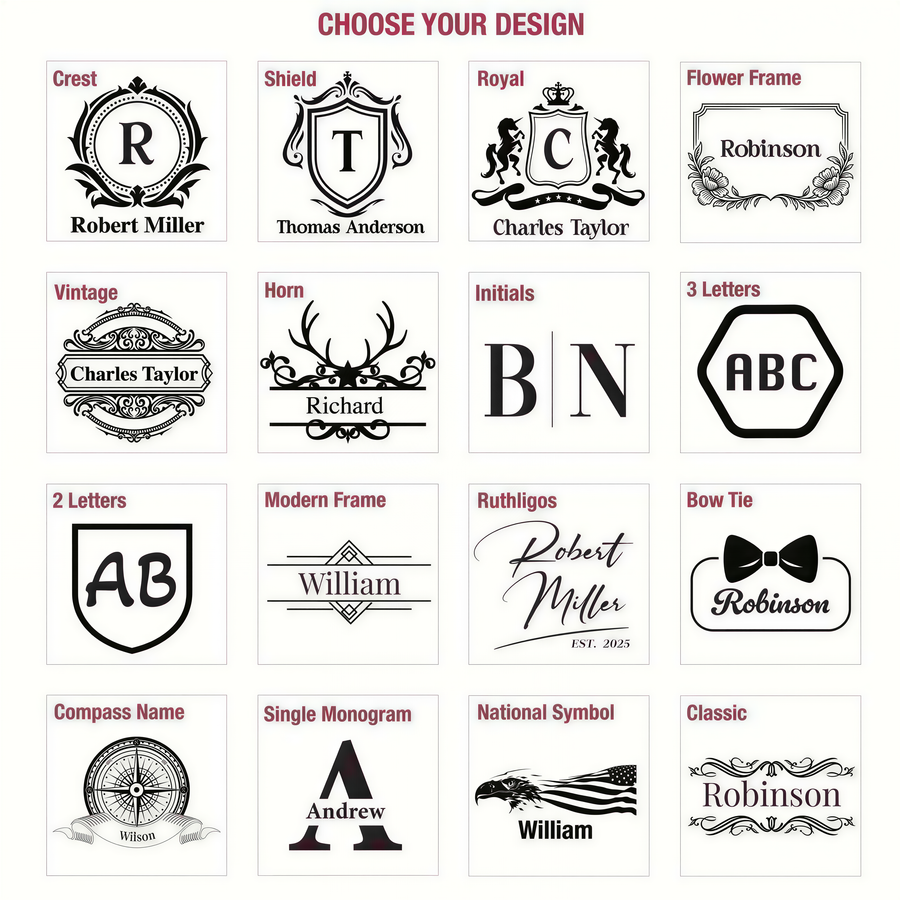 a collection of monogrammed logos and names, each with a unique design and style. The logos and names include "Crest", "Shield", "Royal", "Flower Frame", "Robert Miller", "Thomas Anderson", "Charles Taylor", "Henry", "B.N.", "ABC", "Ruthiges", "Robert Miller", "William", "William", "A.B.", "Ruthiges", "Robert Miller", "William", "A.W.", "National Symbol", "Classic", and "Robinson".