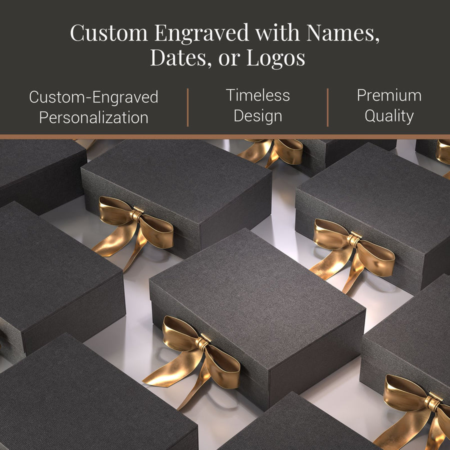 a collection of black gift boxes with gold bows, arranged in a visually appealing manner.