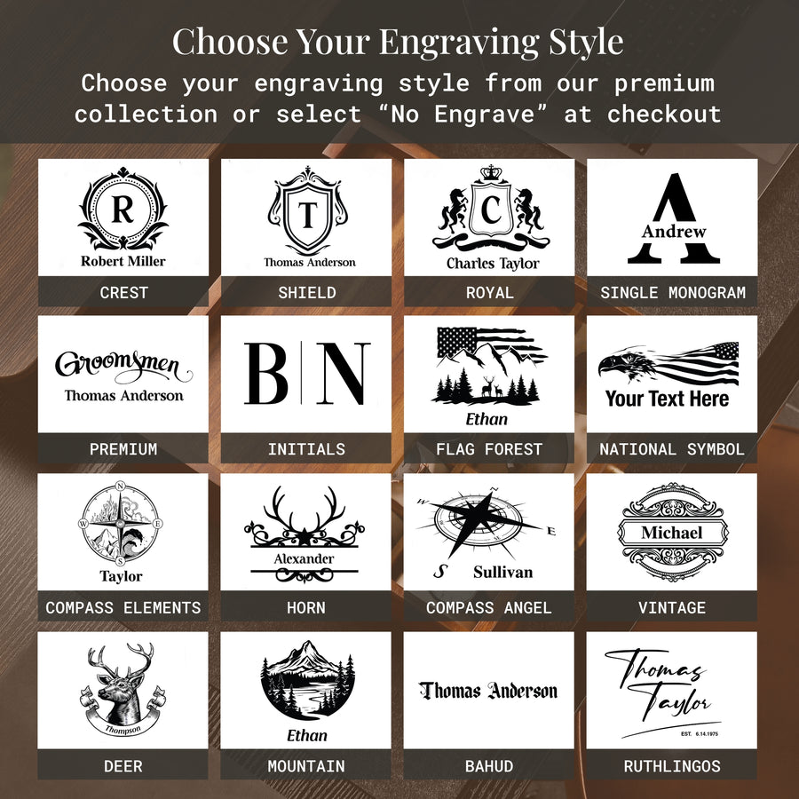 a collection of personalized engraving styles, each with its own unique design and text. The styles include names like Robert Miller, Charles Taylor, and Thomas Anderson, as well as various symbols and elements such as a shield, a crown, a compass, and a deer. The engraving styles are presented in a grid format, allowing for easy comparison and selection.