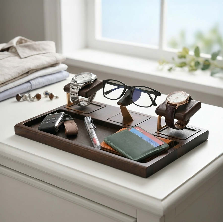 A wooden tray with various accessories, including a pair of glasses, a watch, and a wallet, placed on a white surface.