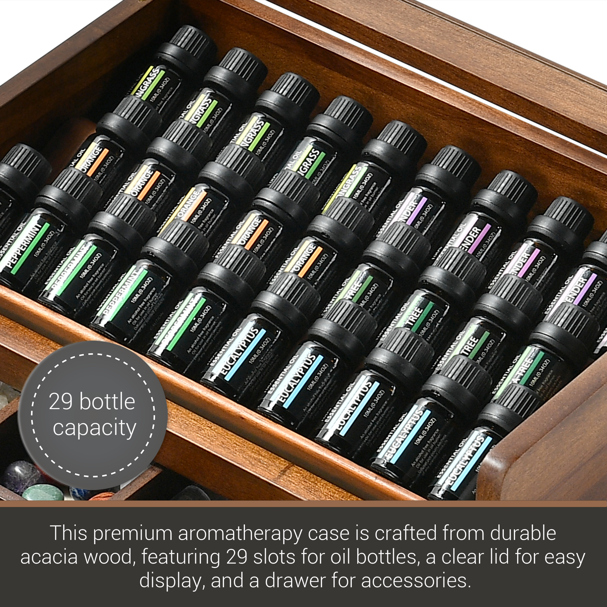 A wooden drawer containing 29 bottles of essential oils, each with a clear lid for easy access.
