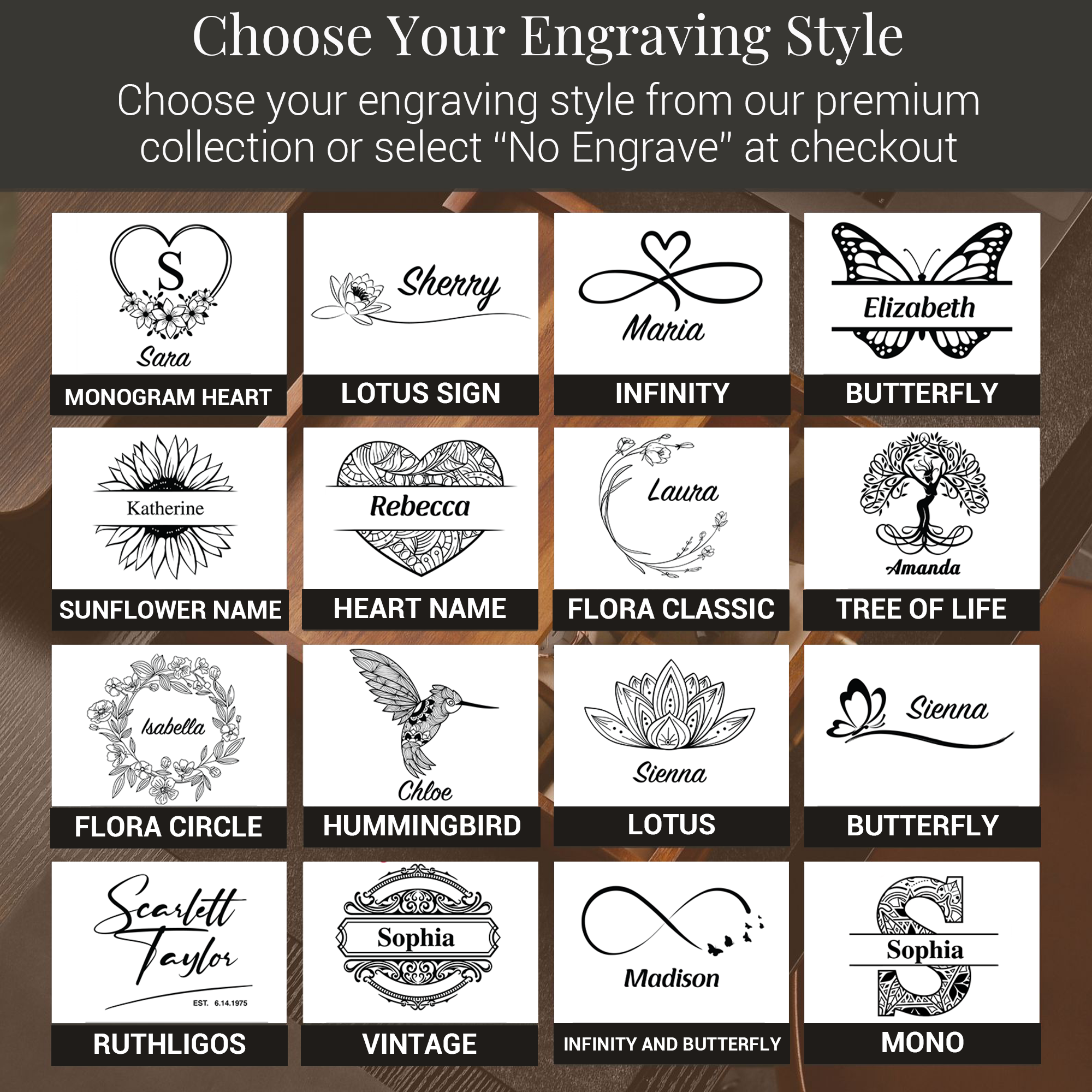 a collection of personalized engraved designs, including names, initials, and floral motifs, presented in a grid format.