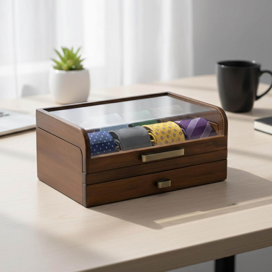 A wooden tie box with a glass front, displaying four different ties in various colors and patterns, sits on a wooden desk.