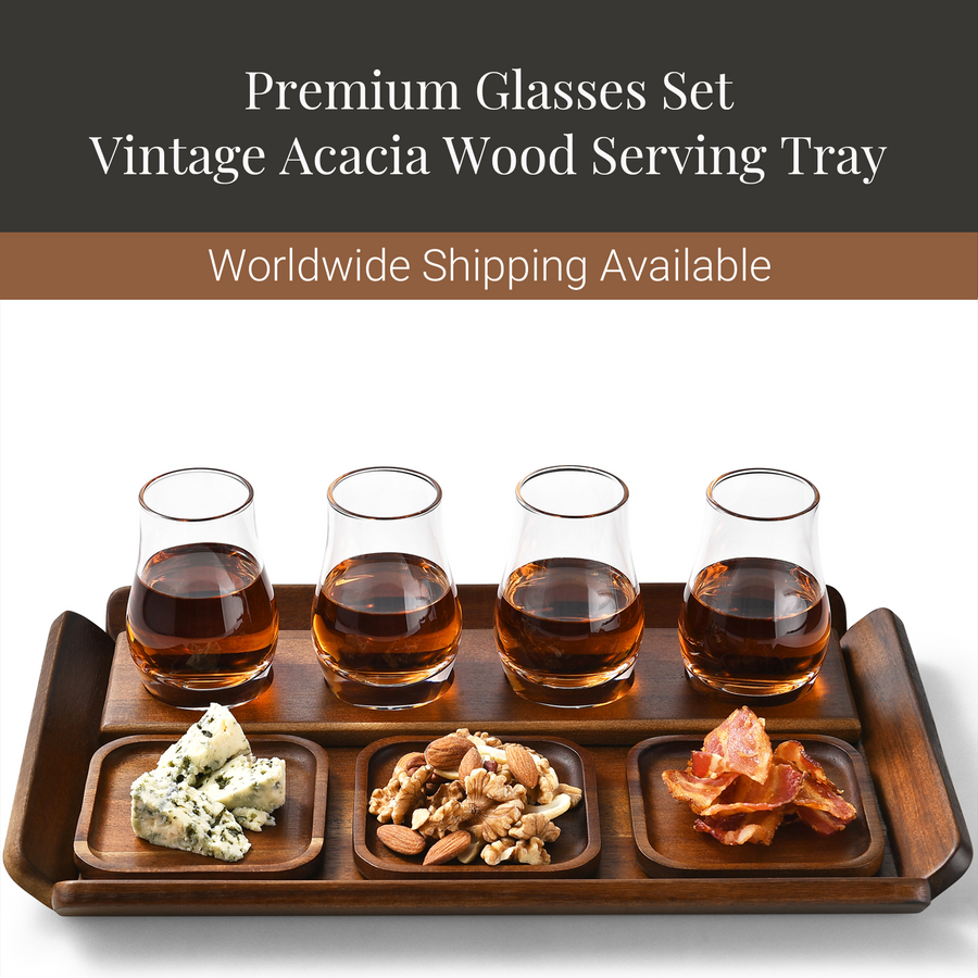 A set of four vintage acacia wood serving trays, each containing a different type of food or drink, arranged on a wooden tray.