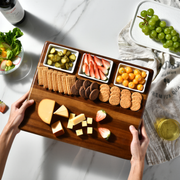 A wooden serving platter filled with various snacks, including cheese, crackers, fruit, and vegetables, is being held by a person's hands.