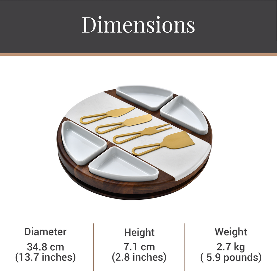 a round wooden platter with four compartments, each containing a different type of cheese knife. The platter has a diameter of 34.8 cm (13.7 inches) and a height of 7.1 cm (2.8 inches). The weight of the platter is 2.7 kg (5.9 pounds).