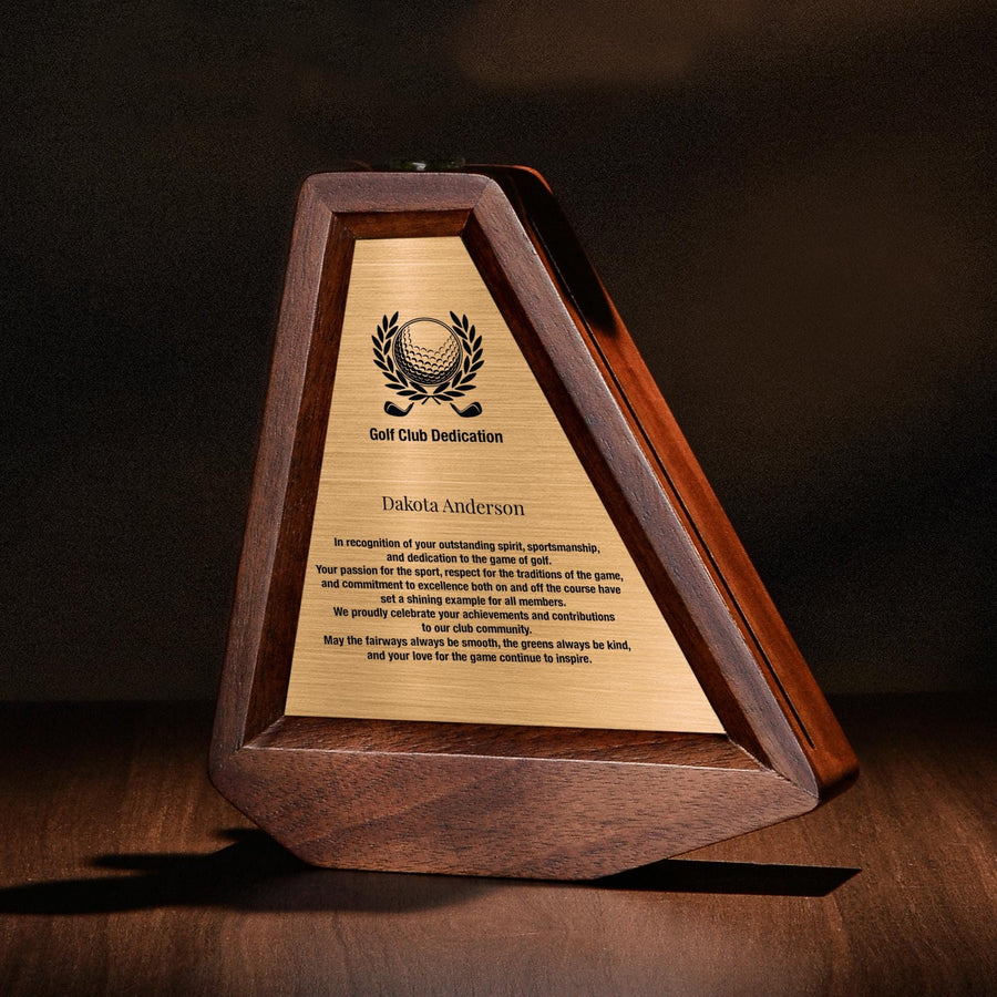a wooden trophy sitting on top of a wooden table