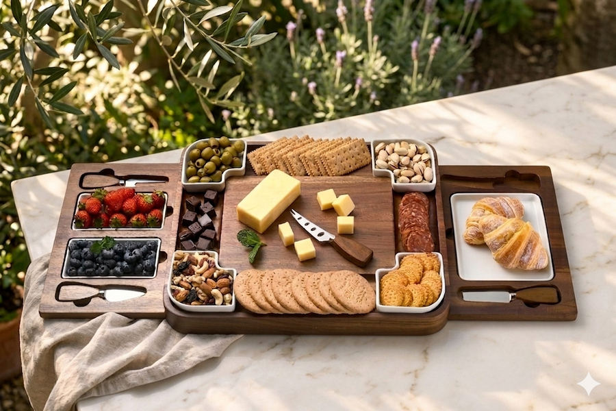 A wooden serving platter with various snacks and cheeses arranged on it, placed on a marble table.
