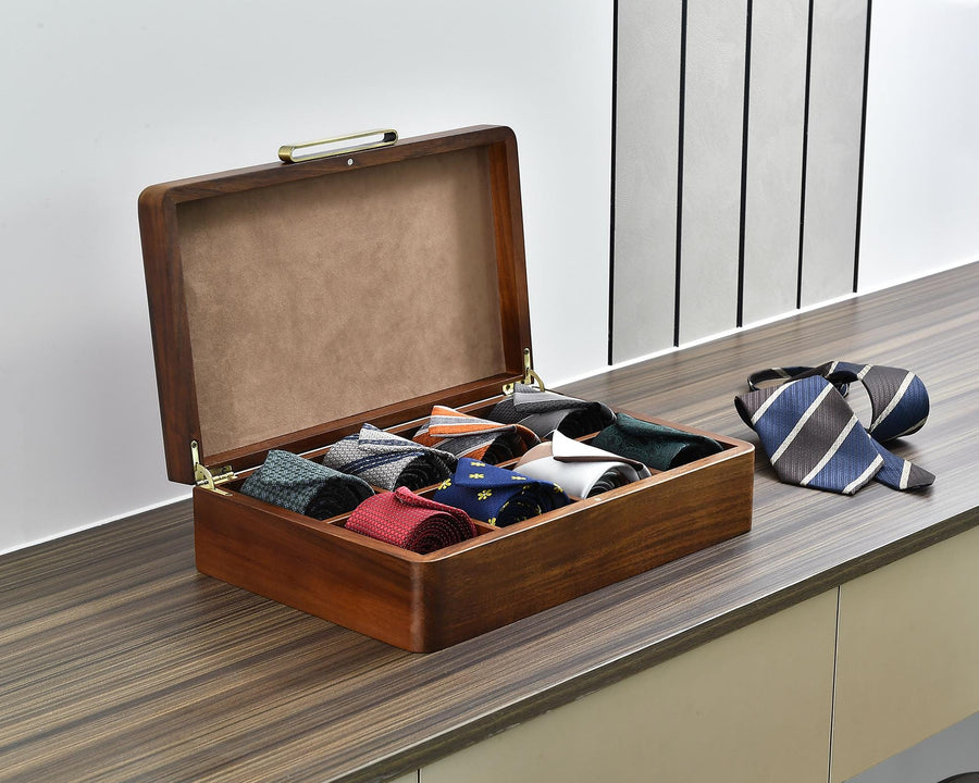 Men's Dresser Box - Personalized Wooden Tie Box for 8 Ties Display and Storage